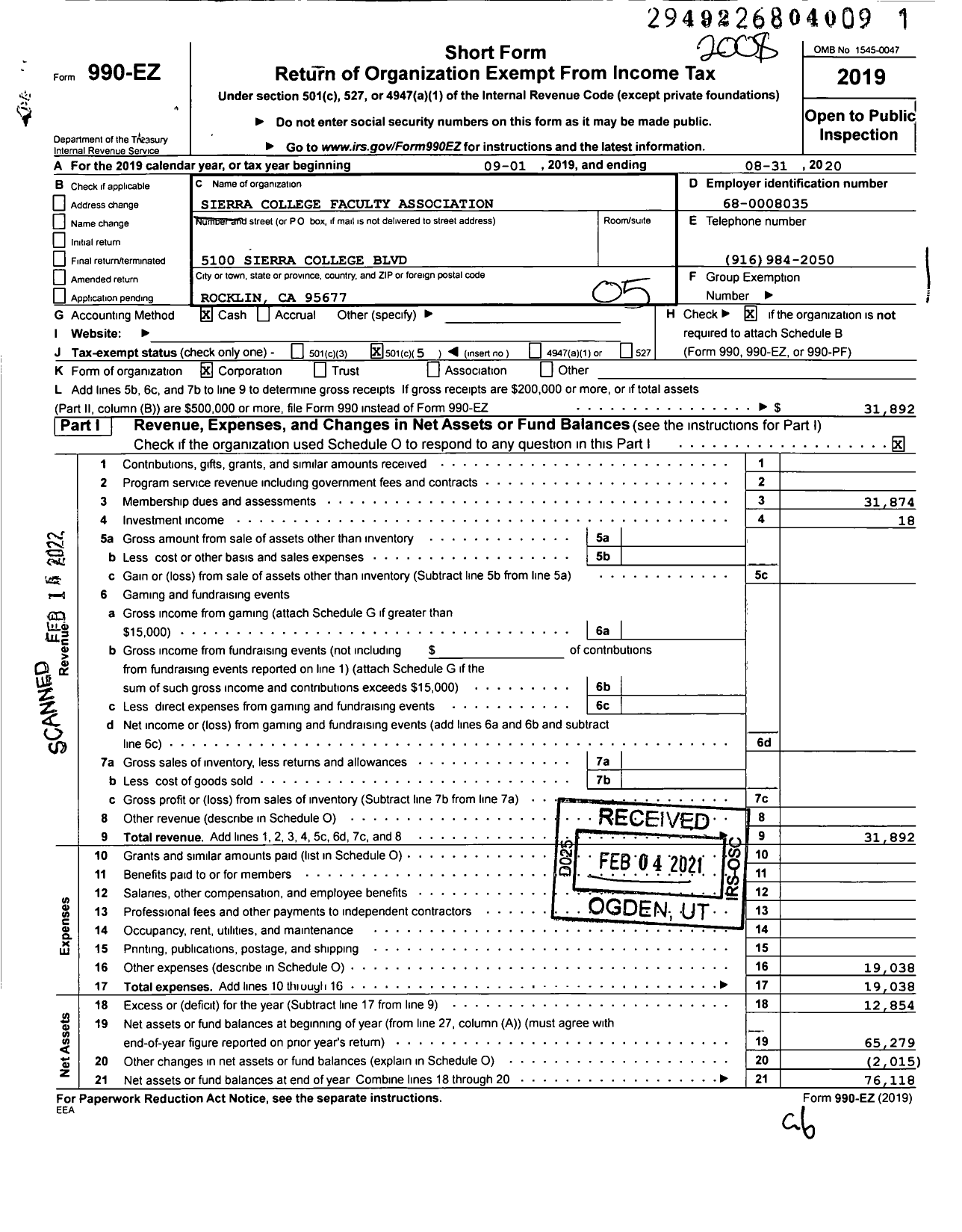 Image of first page of 2019 Form 990EO for California Teachers Association - Sierra College Faculty Association