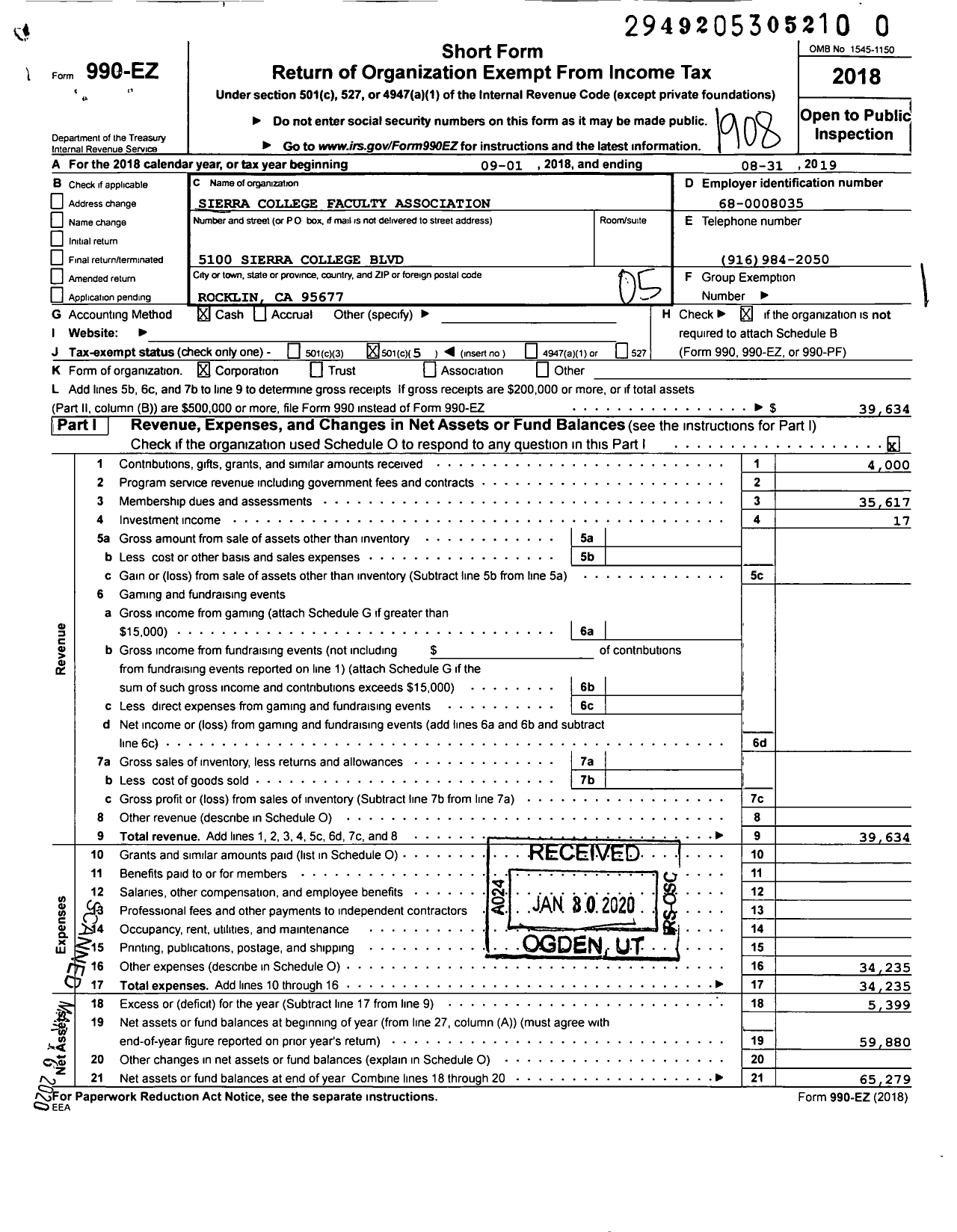 Image of first page of 2018 Form 990EO for California Teachers Association - Sierra College Faculty Association