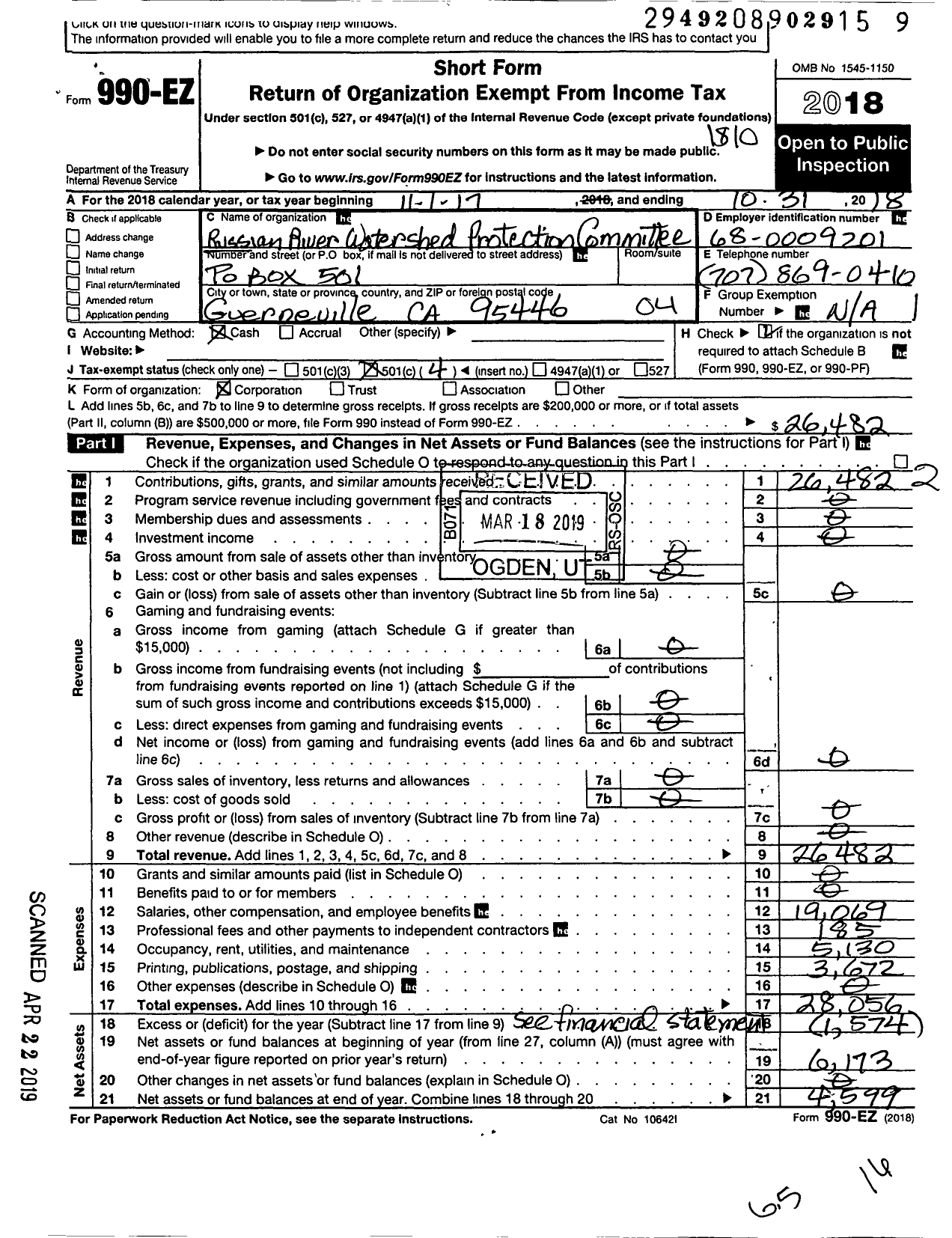 Image of first page of 2017 Form 990EO for Russian River Watershed Protection Committee