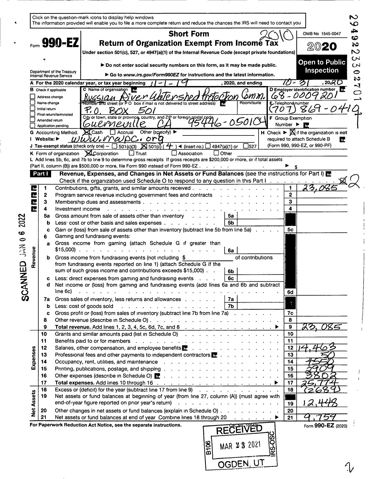 Image of first page of 2019 Form 990EO for Russian River Watershed Protection Committee