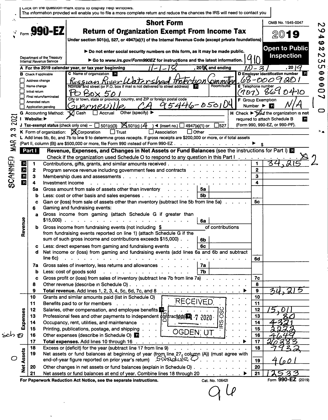 Image of first page of 2018 Form 990EO for Russian River Watershed Protection Committee