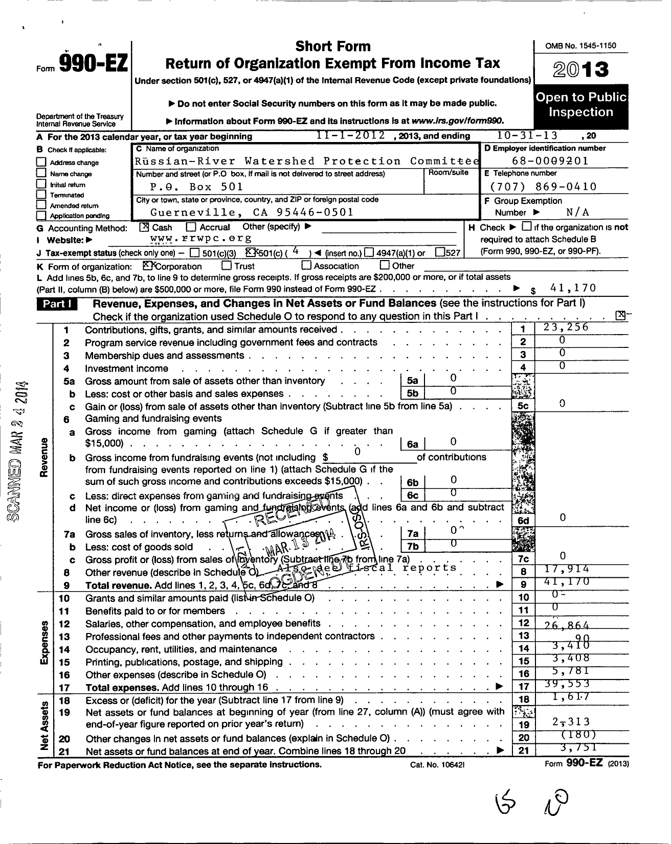 Image of first page of 2012 Form 990EO for Russian River Watershed Protection Committee