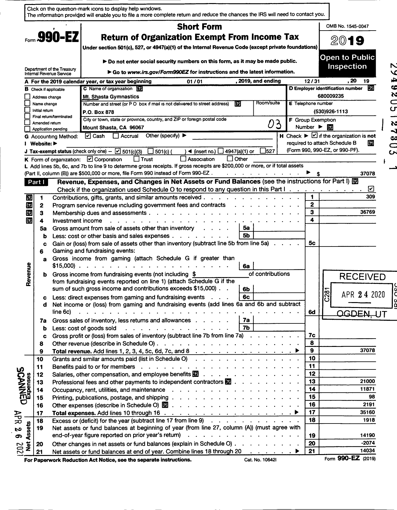 Image of first page of 2019 Form 990EZ for MT Shasta Gymnastics