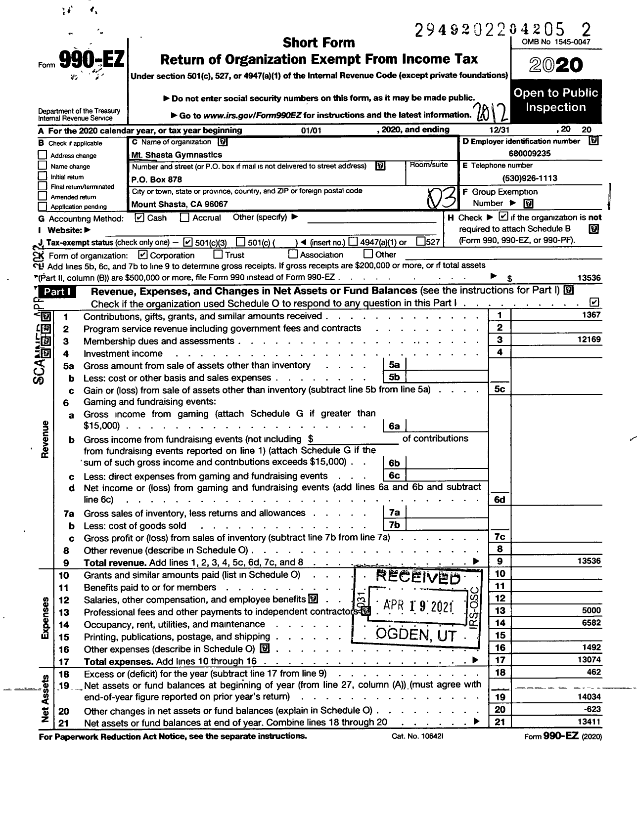 Image of first page of 2020 Form 990EZ for MT Shasta Gymnastics