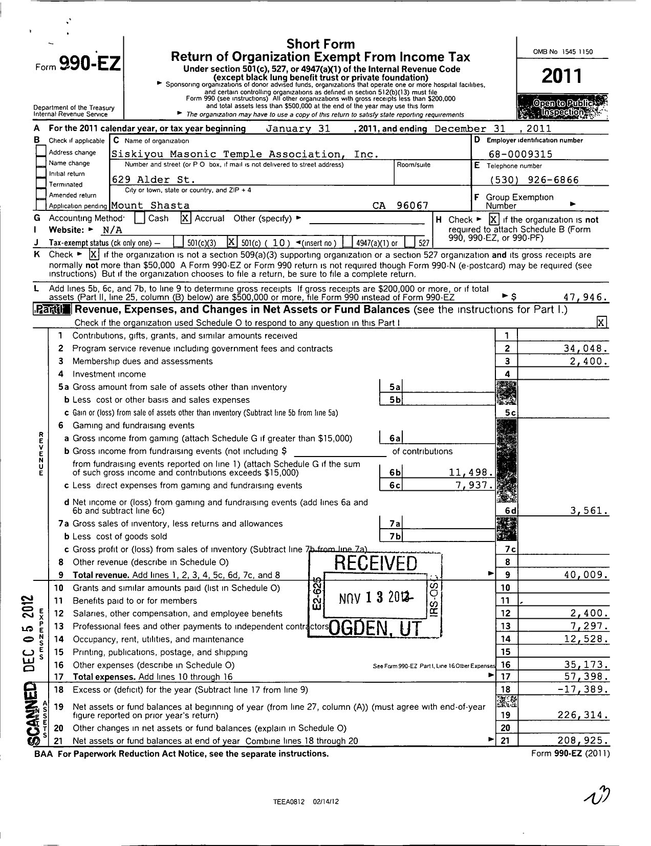 Image of first page of 2011 Form 990EO for Masons of California - 297 Siskiyou