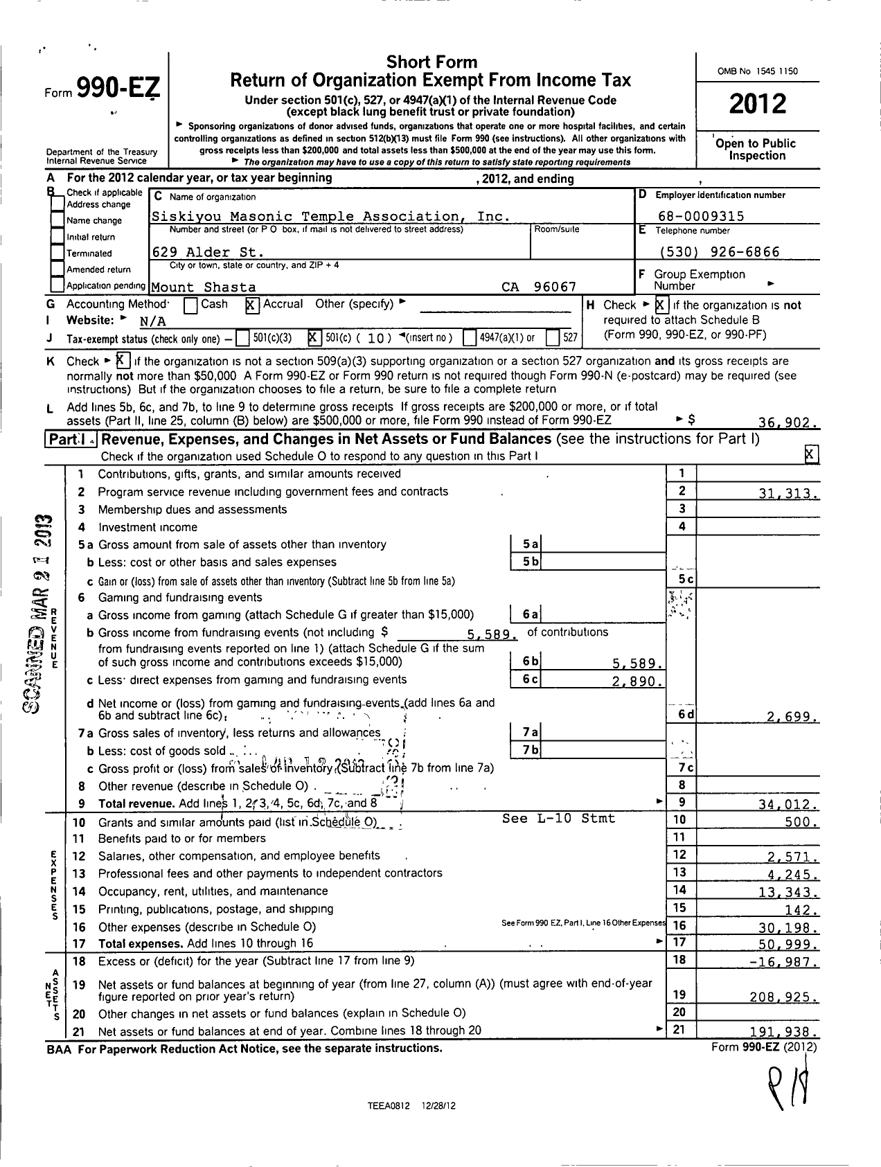 Image of first page of 2012 Form 990EO for Masons of California - 297 Siskiyou