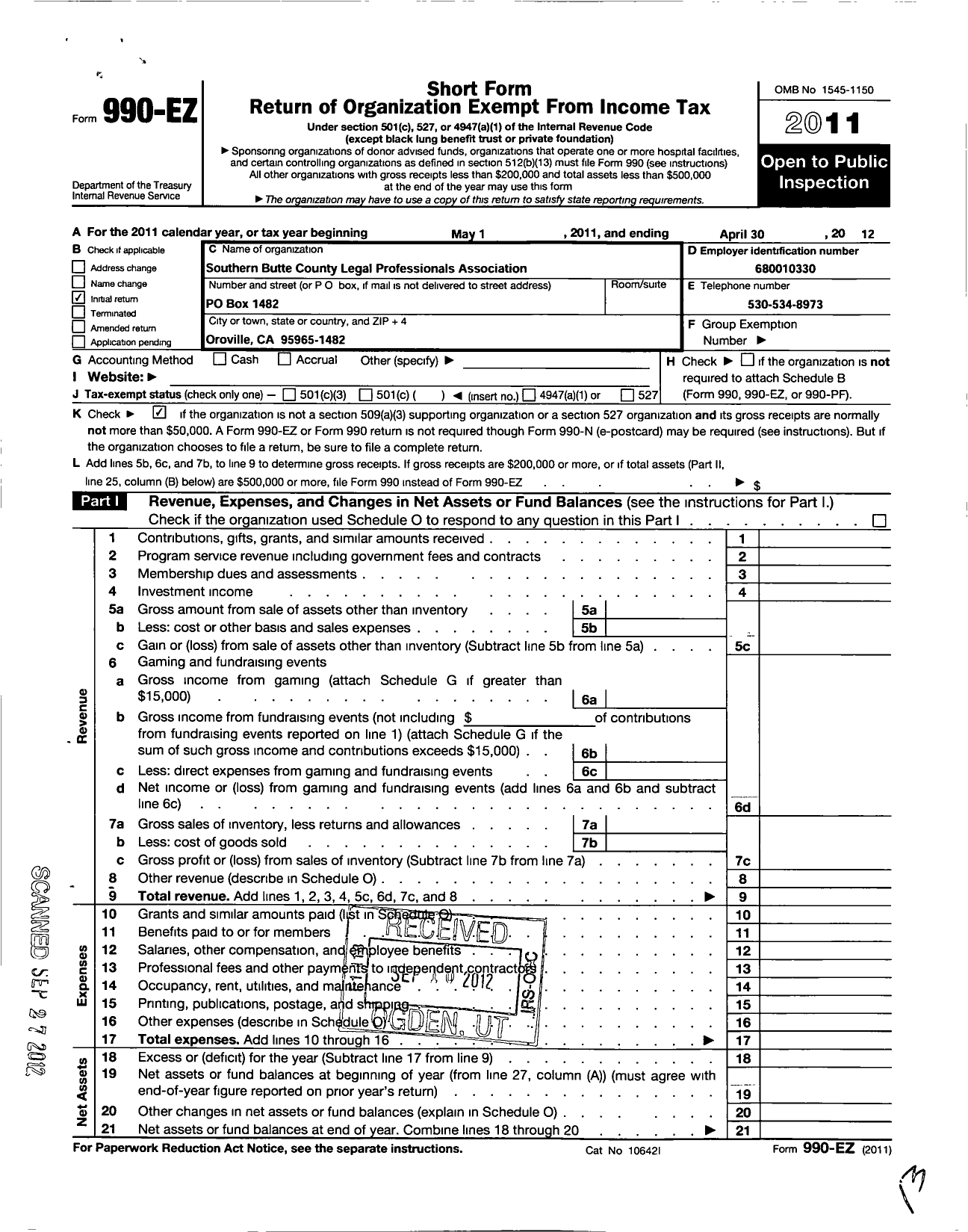 Image of first page of 2011 Form 990EO for Legal Secretaries Incorporated / Southern Butte County