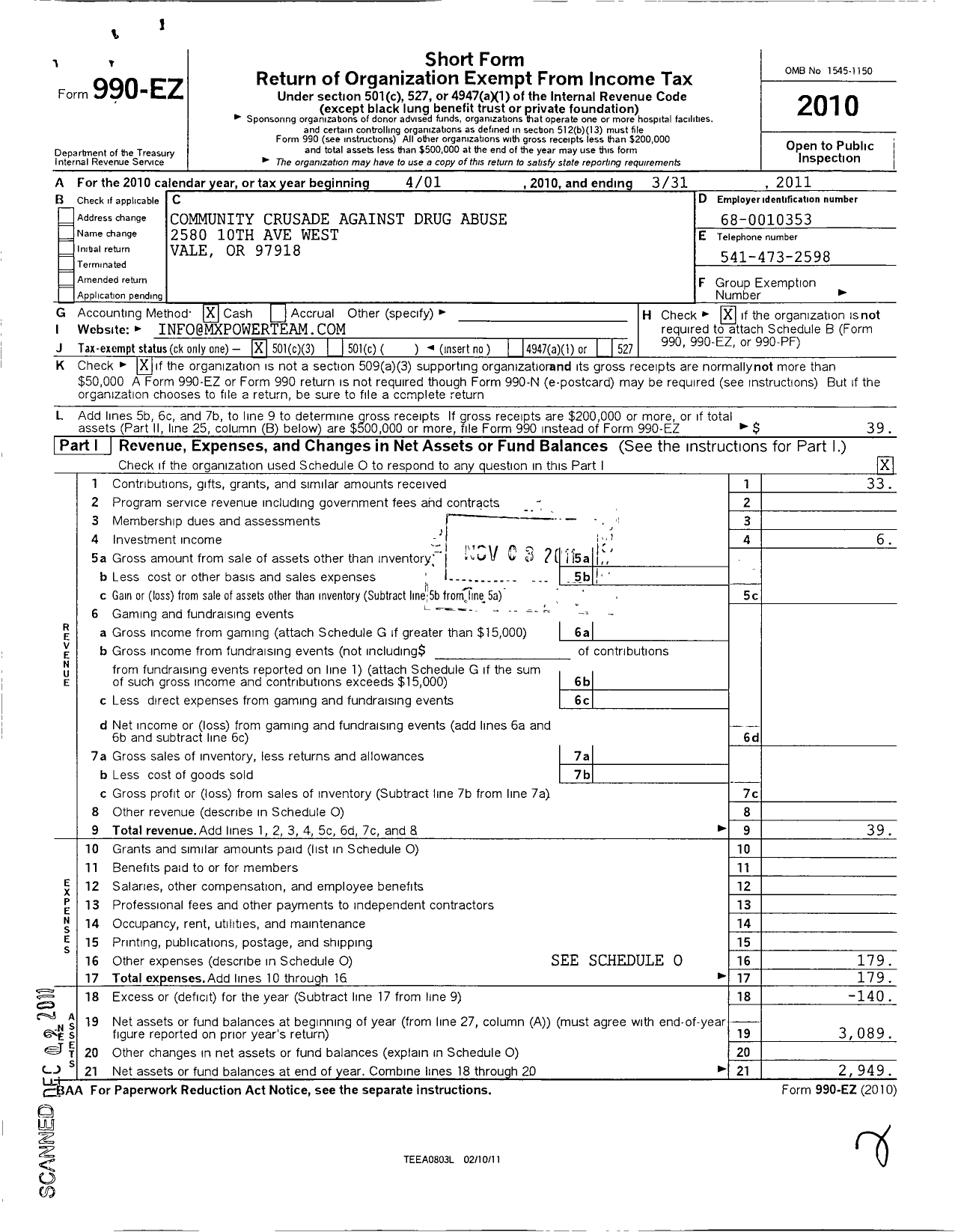 Image of first page of 2010 Form 990EZ for Community Crusade Against Drug Abuse