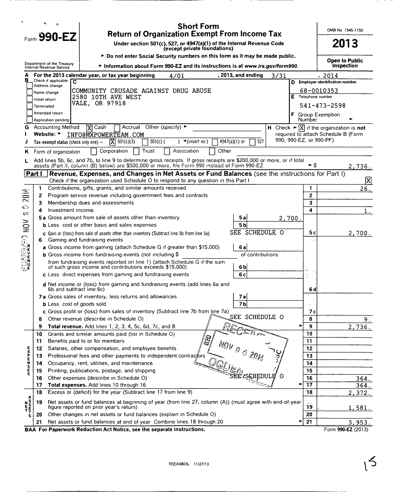 Image of first page of 2013 Form 990EZ for Community Crusade Against Drug Abuse