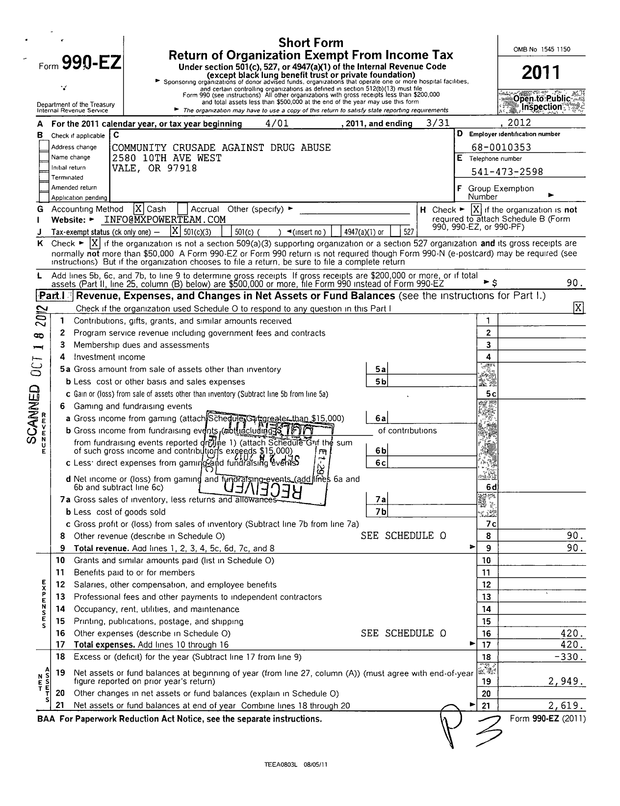 Image of first page of 2011 Form 990EZ for Community Crusade Against Drug Abuse