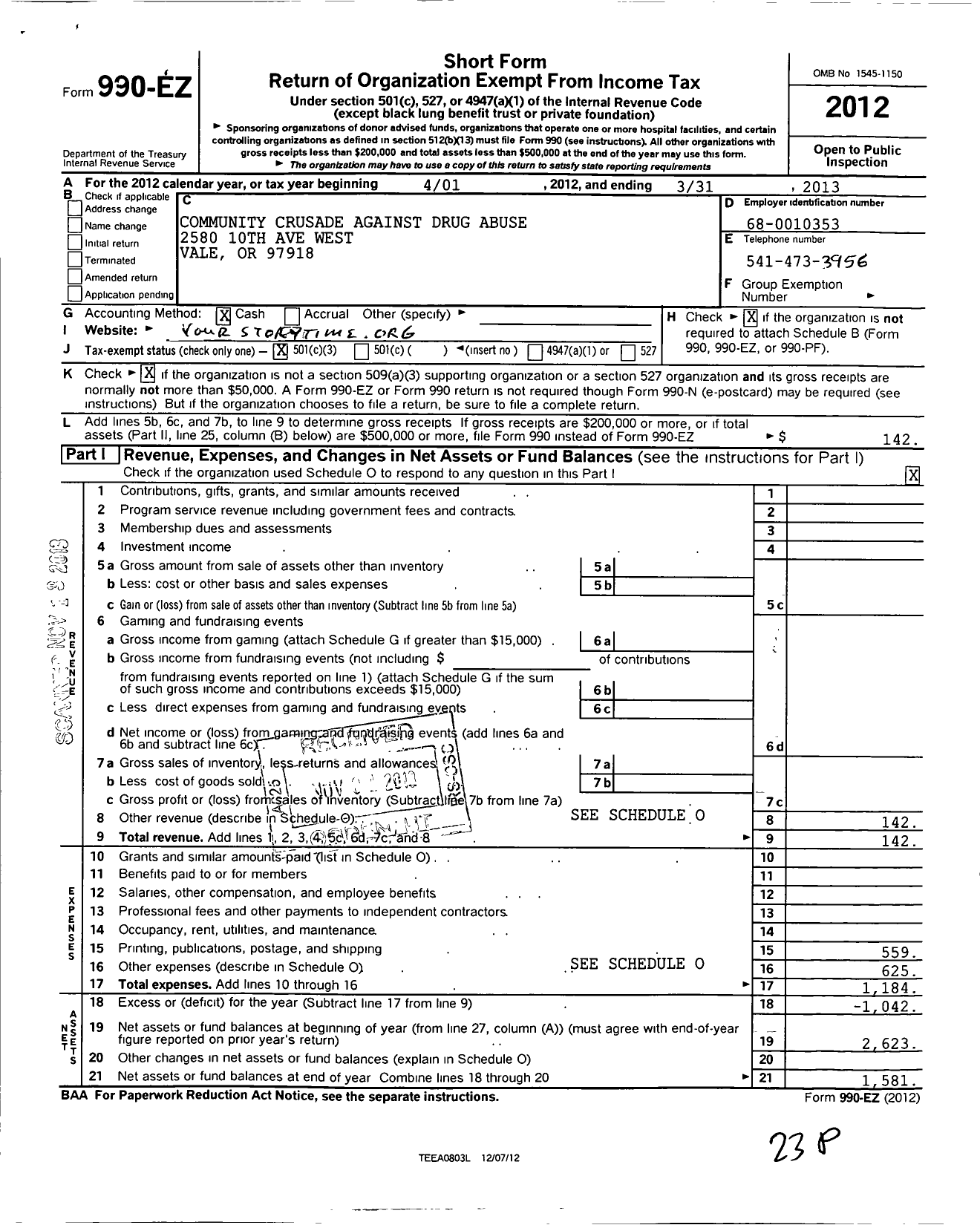 Image of first page of 2012 Form 990EZ for Community Crusade Against Drug Abuse