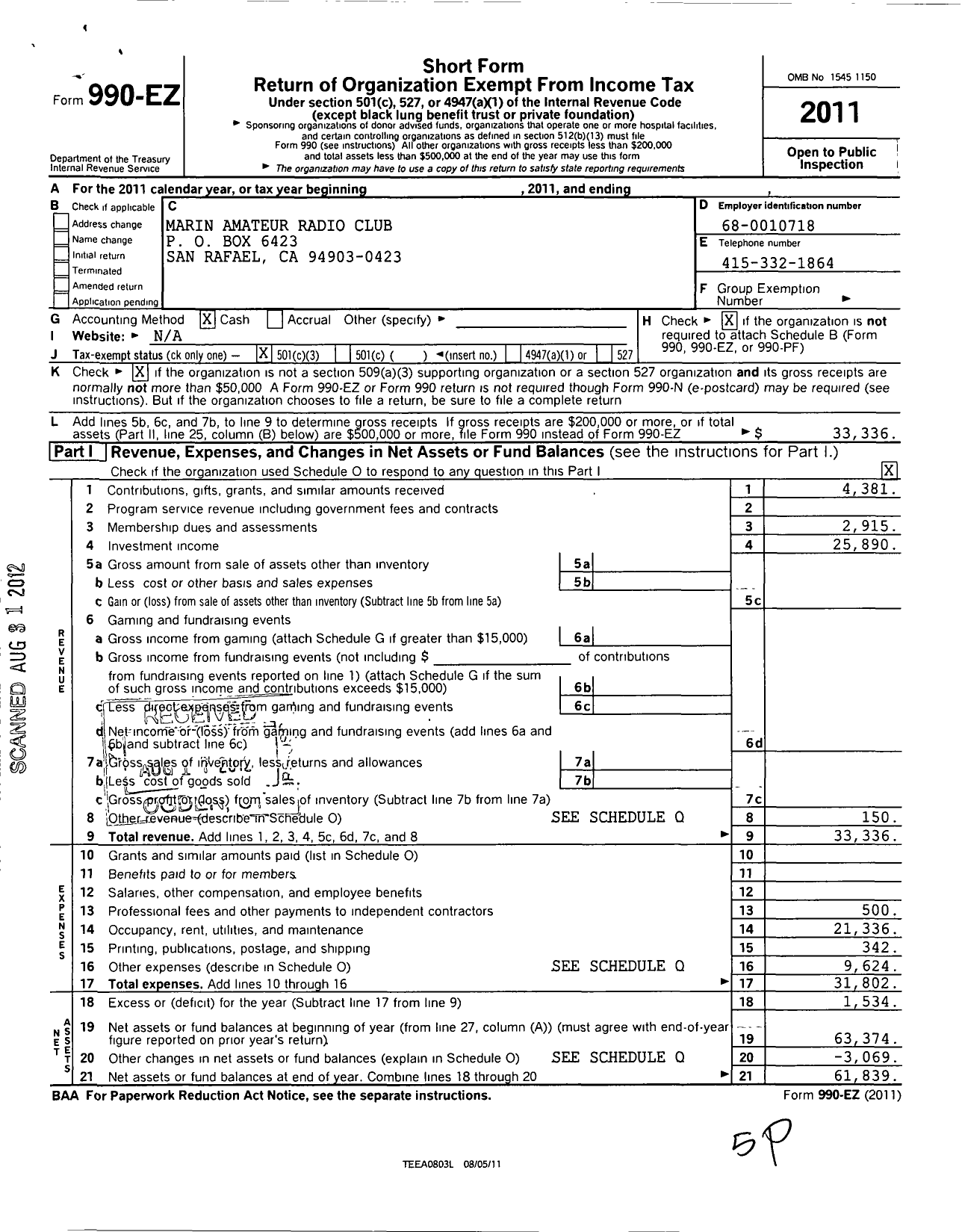 Image of first page of 2011 Form 990EZ for Marin Amateur Radio Club