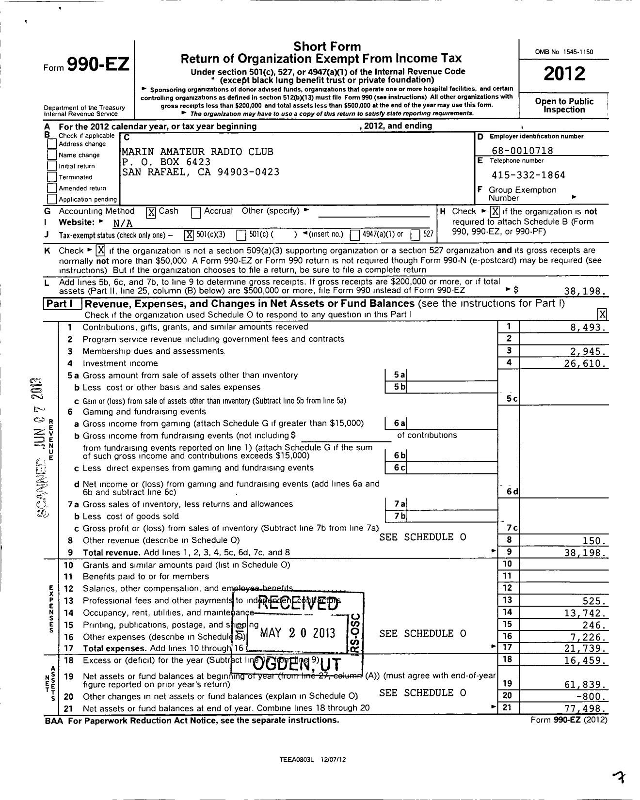 Image of first page of 2012 Form 990EZ for Marin Amateur Radio Club