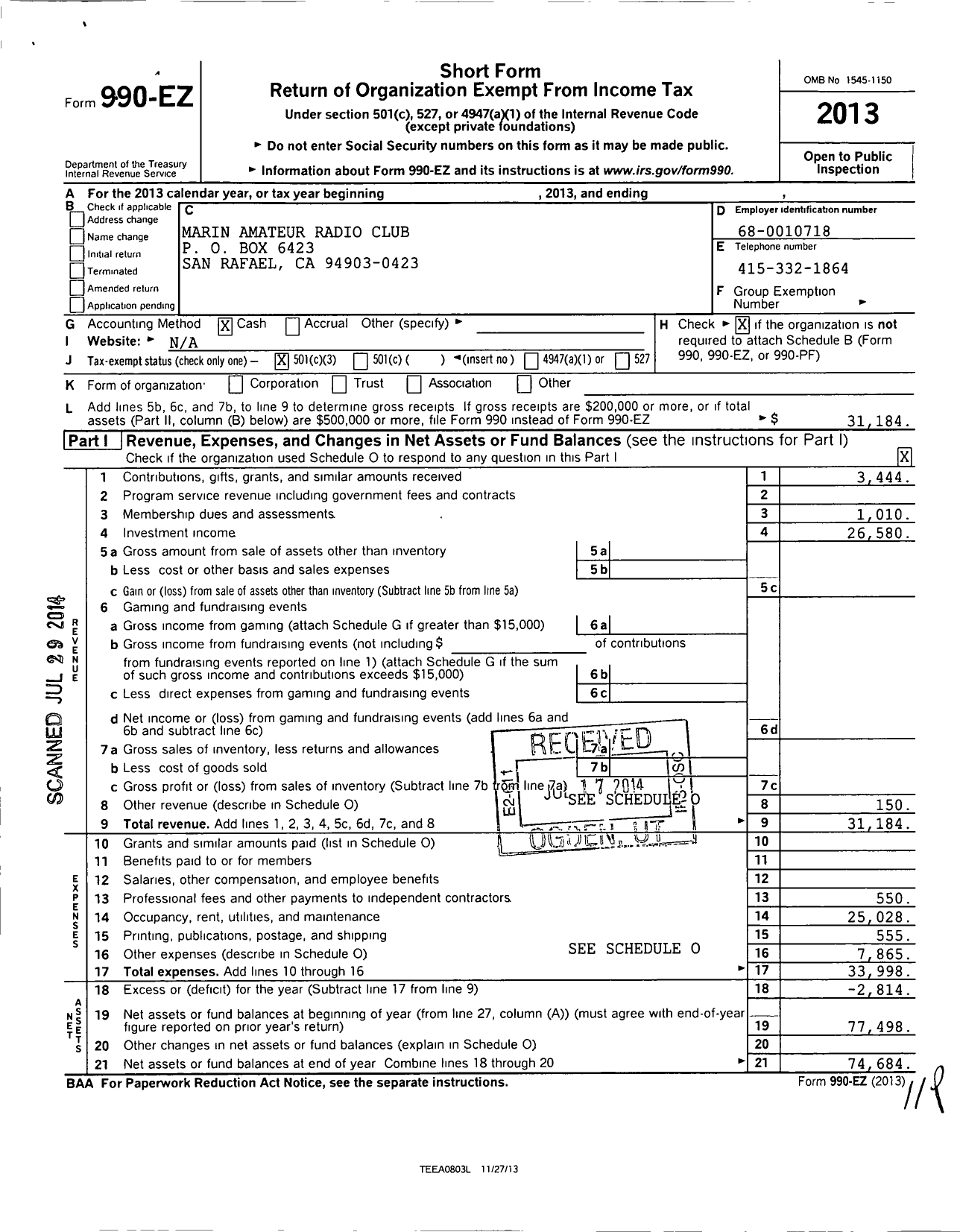 Image of first page of 2013 Form 990EZ for Marin Amateur Radio Club