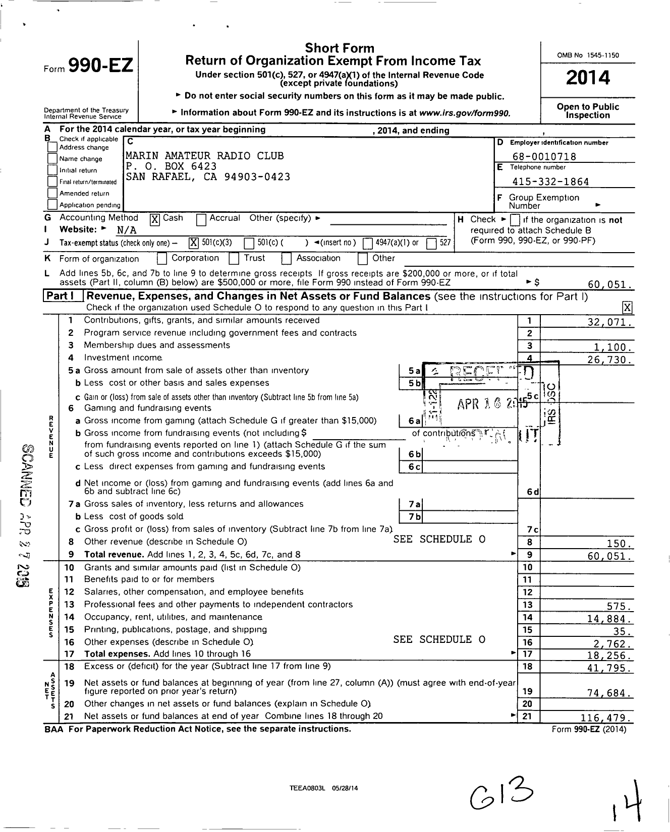 Image of first page of 2014 Form 990EZ for Marin Amateur Radio Club