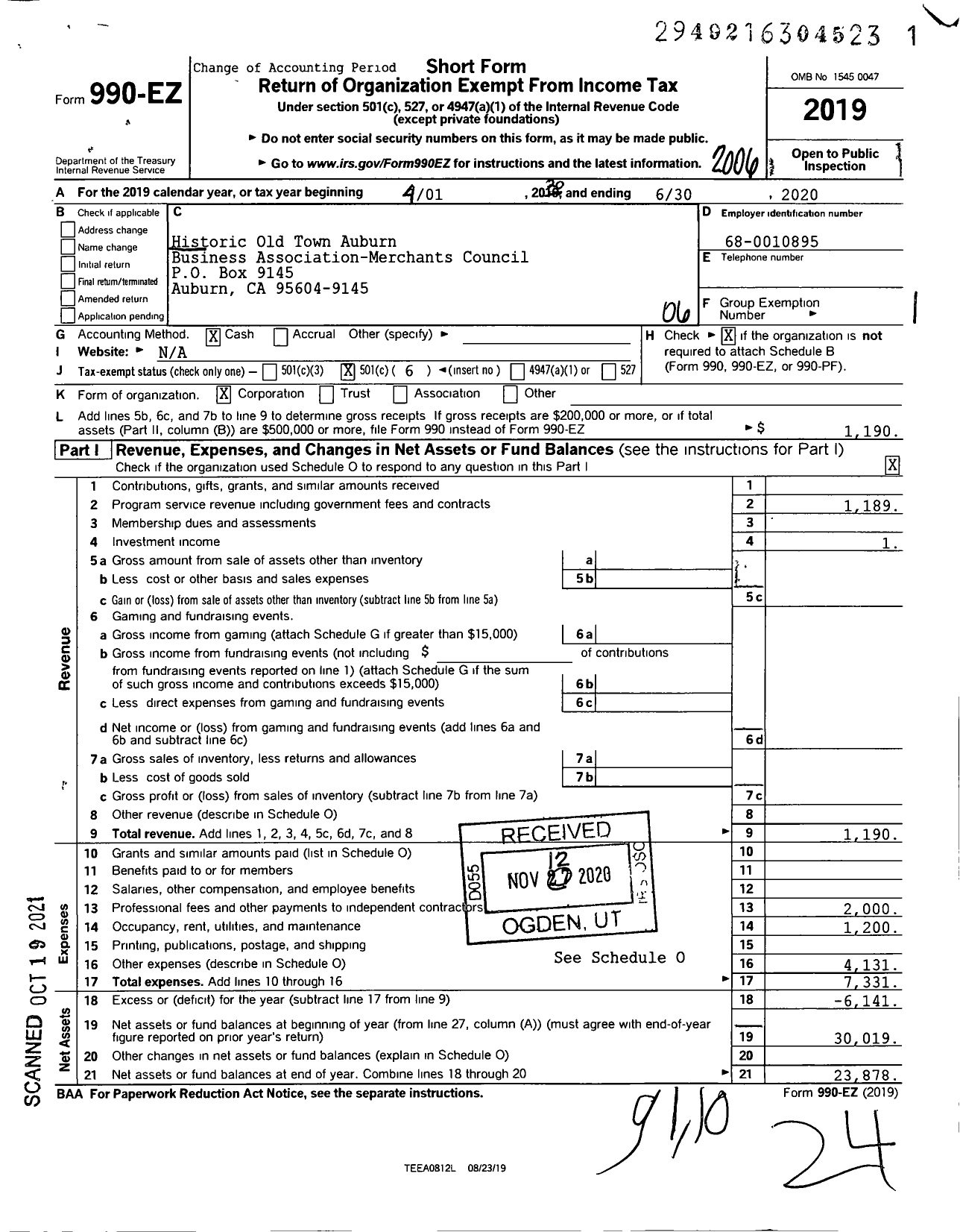 Image of first page of 2019 Form 990EO for Historic Old Town Auburn Business Association-Merchants Council