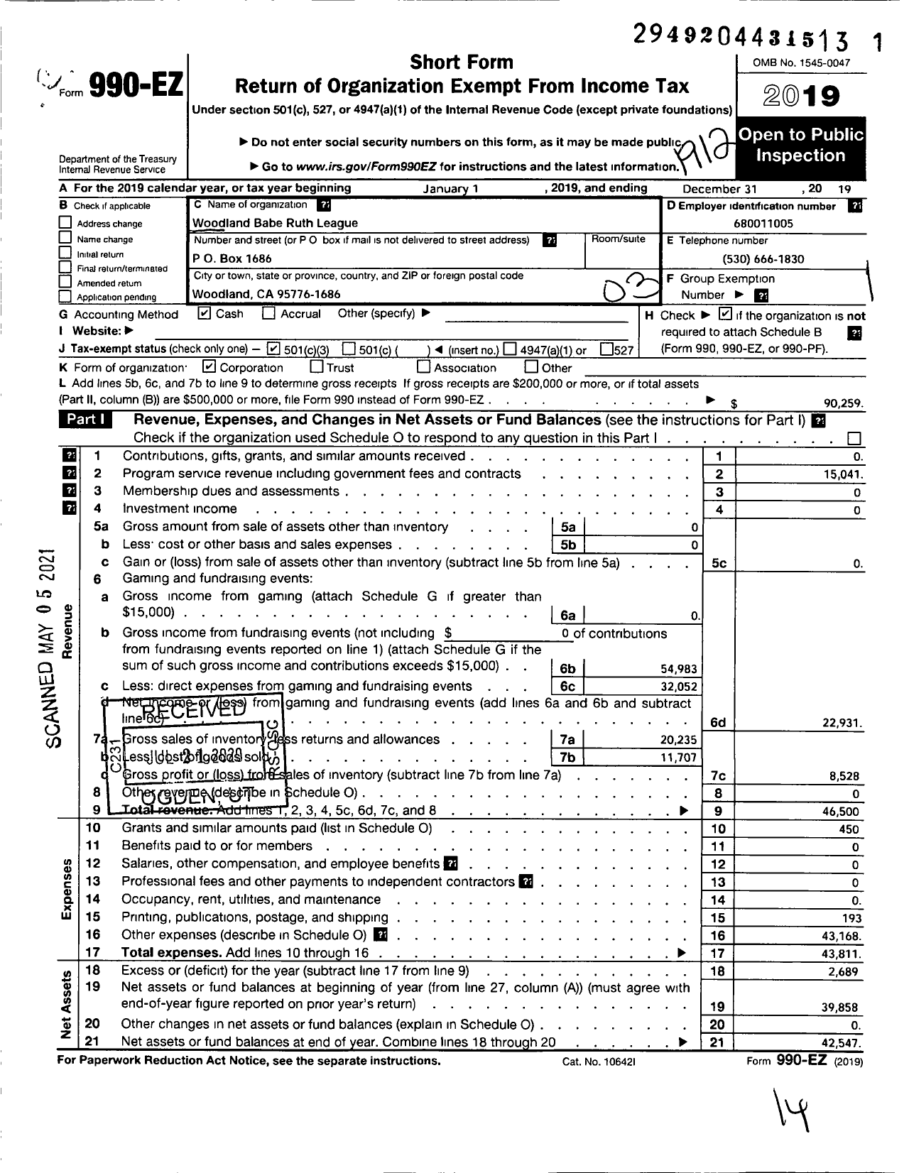 Image of first page of 2019 Form 990EZ for Woodland Babe Ruth League