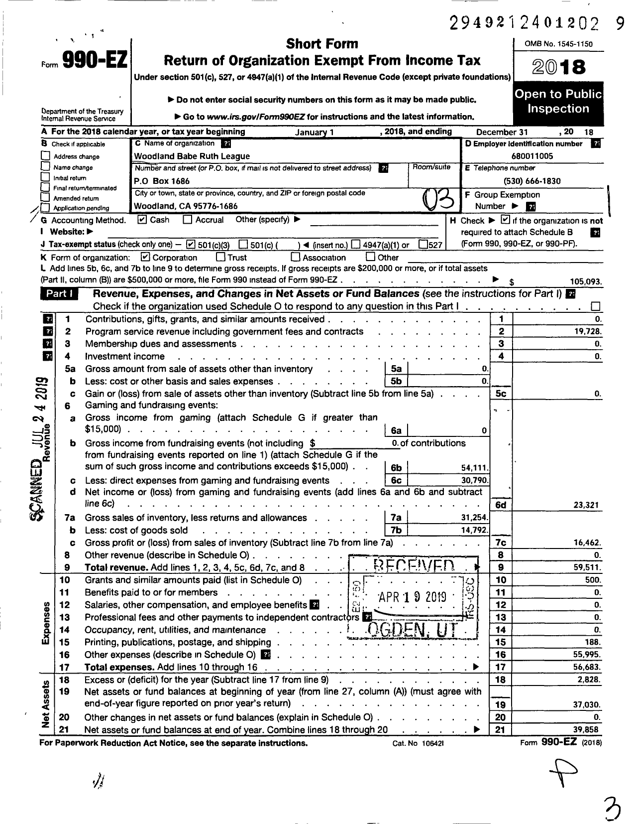 Image of first page of 2018 Form 990EZ for Woodland Babe Ruth League