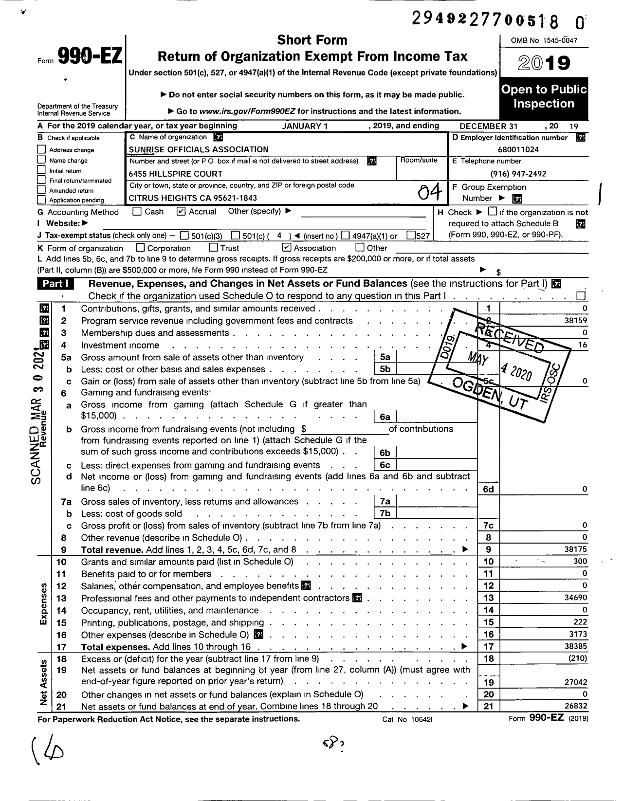 Image of first page of 2019 Form 990EO for Sunrise Officials Association