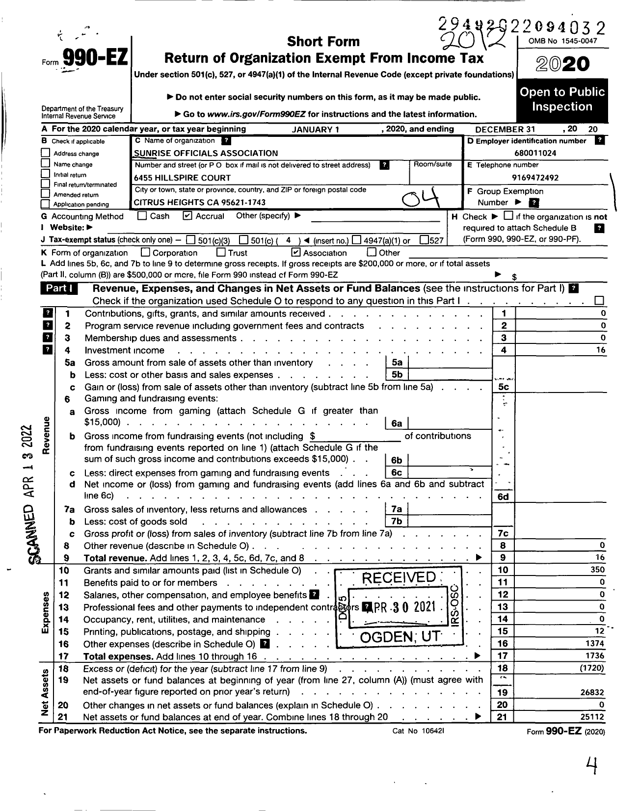 Image of first page of 2020 Form 990EO for Sunrise Officials Association