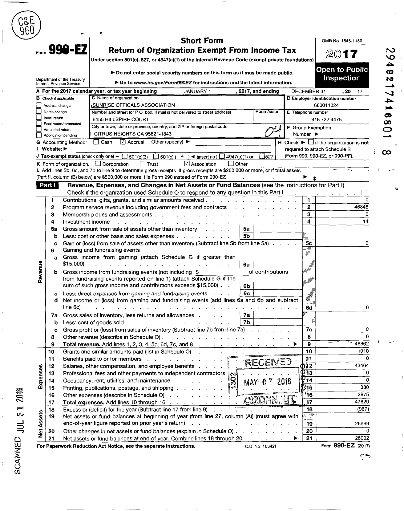 Image of first page of 2017 Form 990EO for Sunrise Officials Association