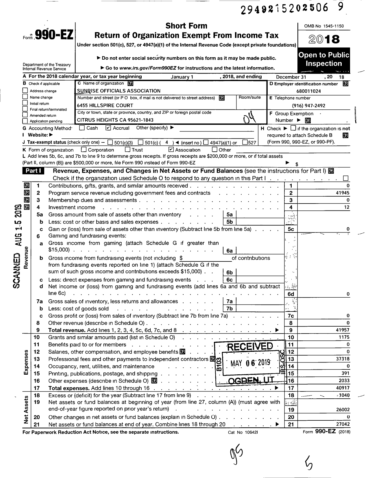 Image of first page of 2018 Form 990EO for Sunrise Officials Association