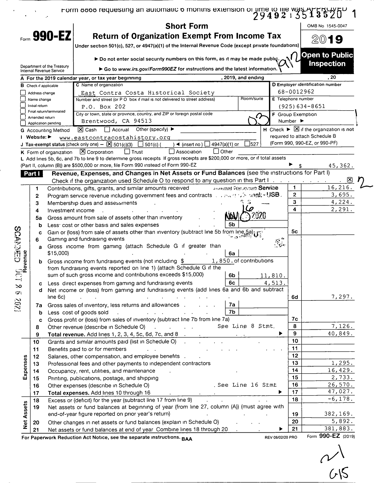 Image of first page of 2019 Form 990EZ for East ContraCosta Historical Society