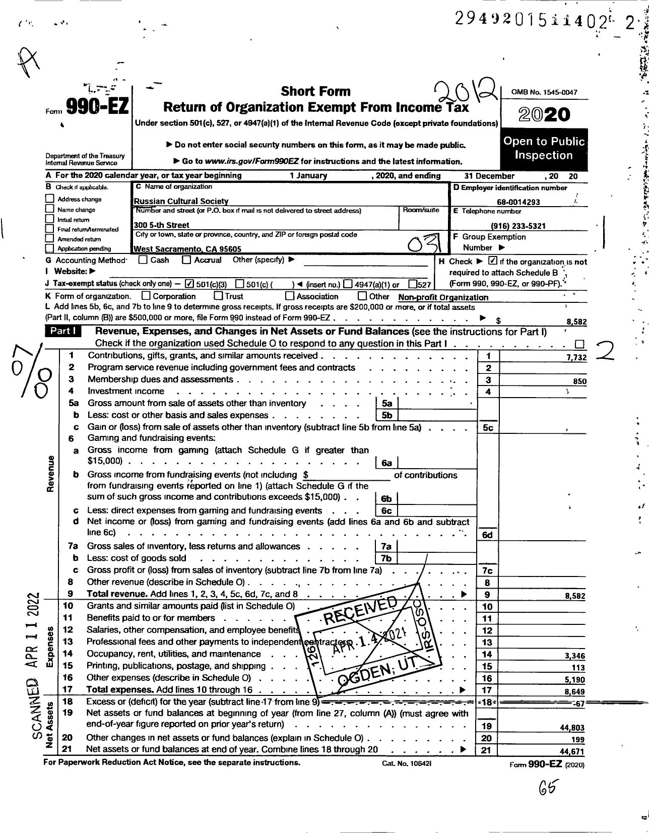 Image of first page of 2020 Form 990EO for Russian Cultural Society