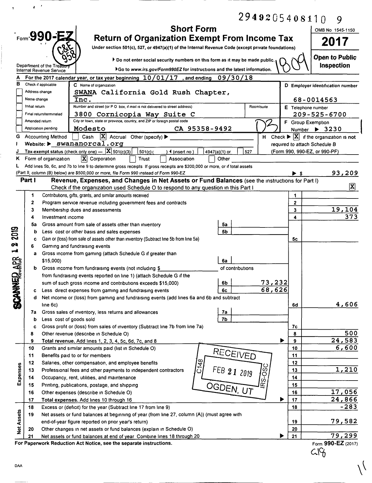 Image of first page of 2017 Form 990EZ for Swana California Gold Rush Chapter