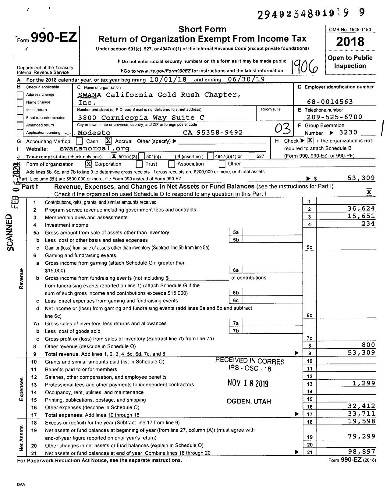 Image of first page of 2018 Form 990EZ for Swana California Gold Rush Chapter