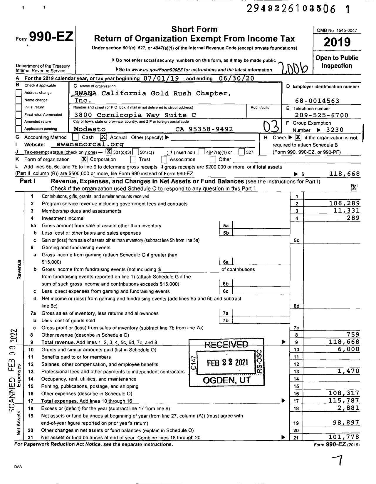 Image of first page of 2019 Form 990EZ for Swana California Gold Rush Chapter