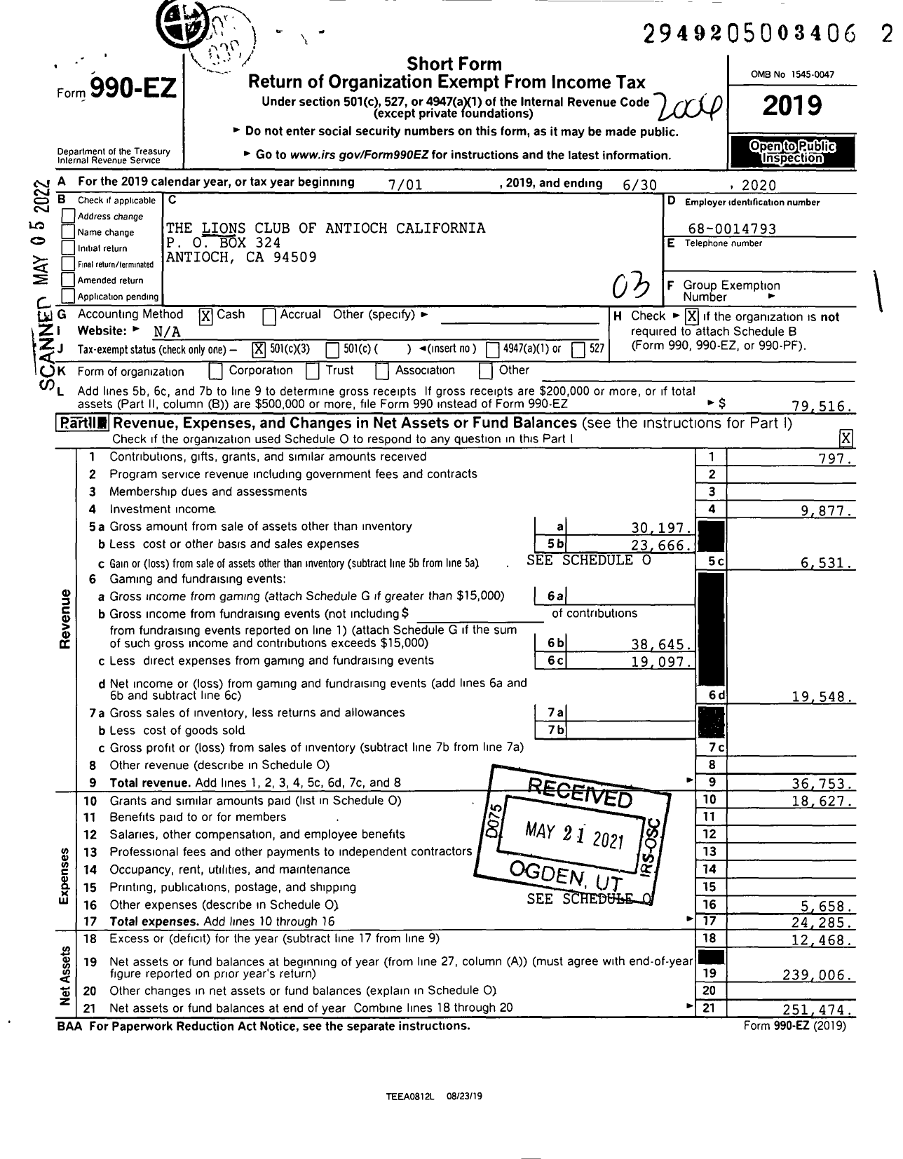 Image of first page of 2019 Form 990EZ for Lions Clubs - Lions Club of Antioch California