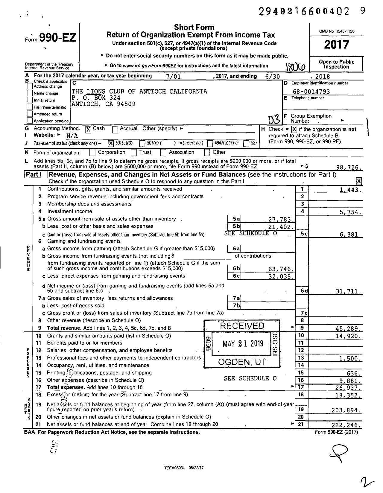 Image of first page of 2017 Form 990EZ for Lions Clubs - Lions Club of Antioch California