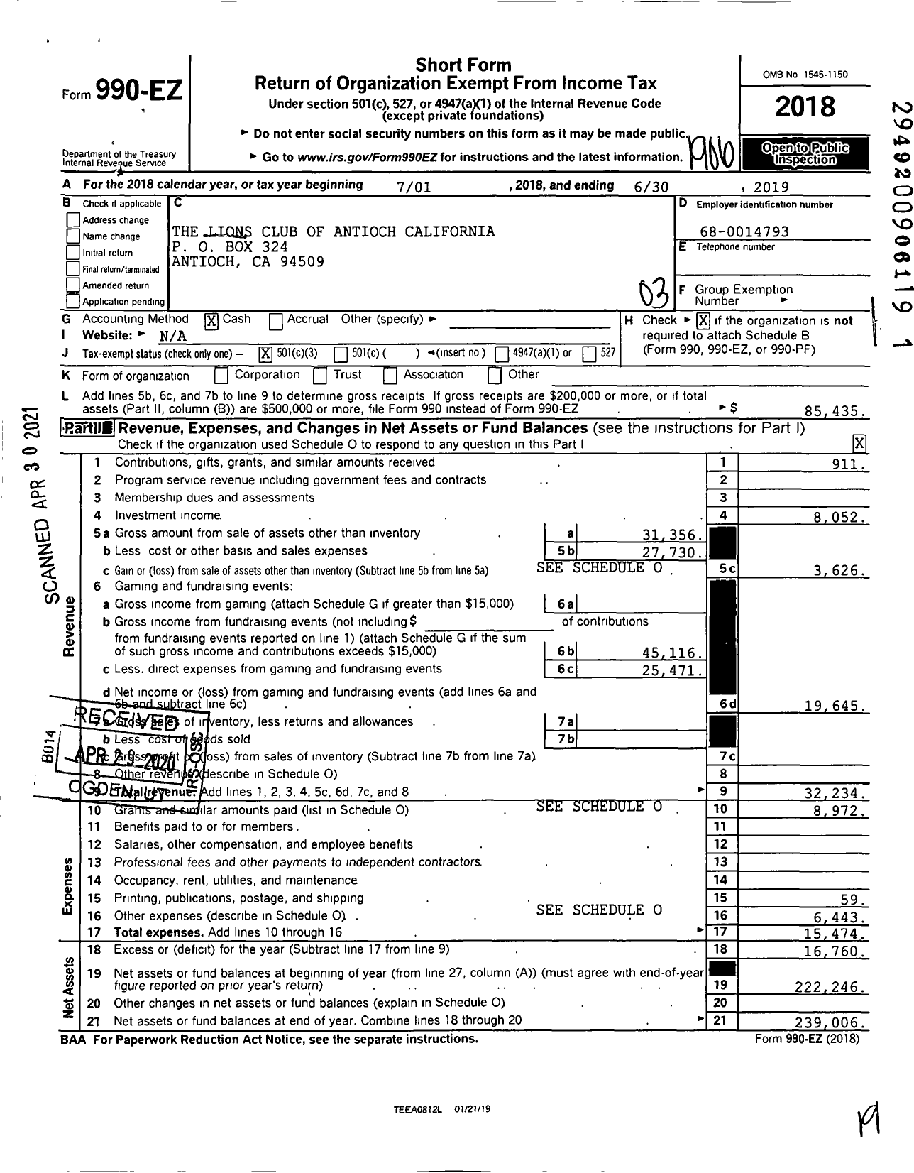 Image of first page of 2018 Form 990EZ for Lions Clubs - Lions Club of Antioch California