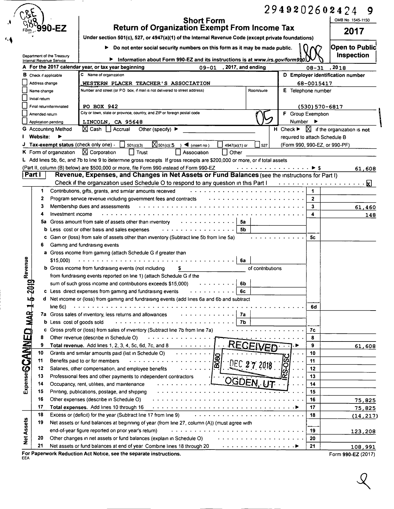 Image of first page of 2017 Form 990EO for California Teachers Association - Western Placer Teachers Assoc