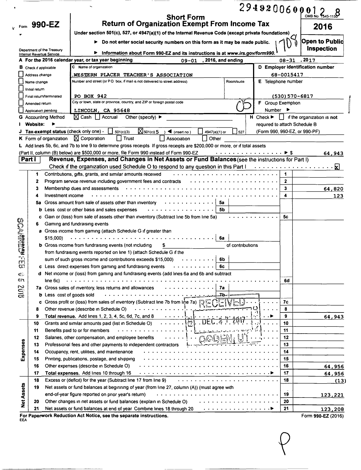 Image of first page of 2016 Form 990EO for California Teachers Association - Western Placer Teachers Assoc