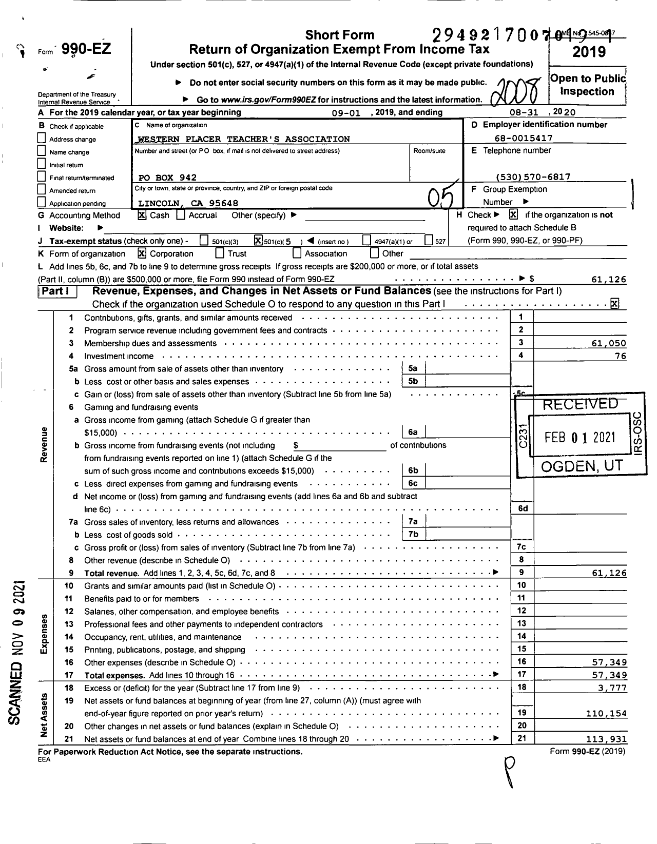 Image of first page of 2019 Form 990EO for California Teachers Association - Western Placer Teachers Assoc