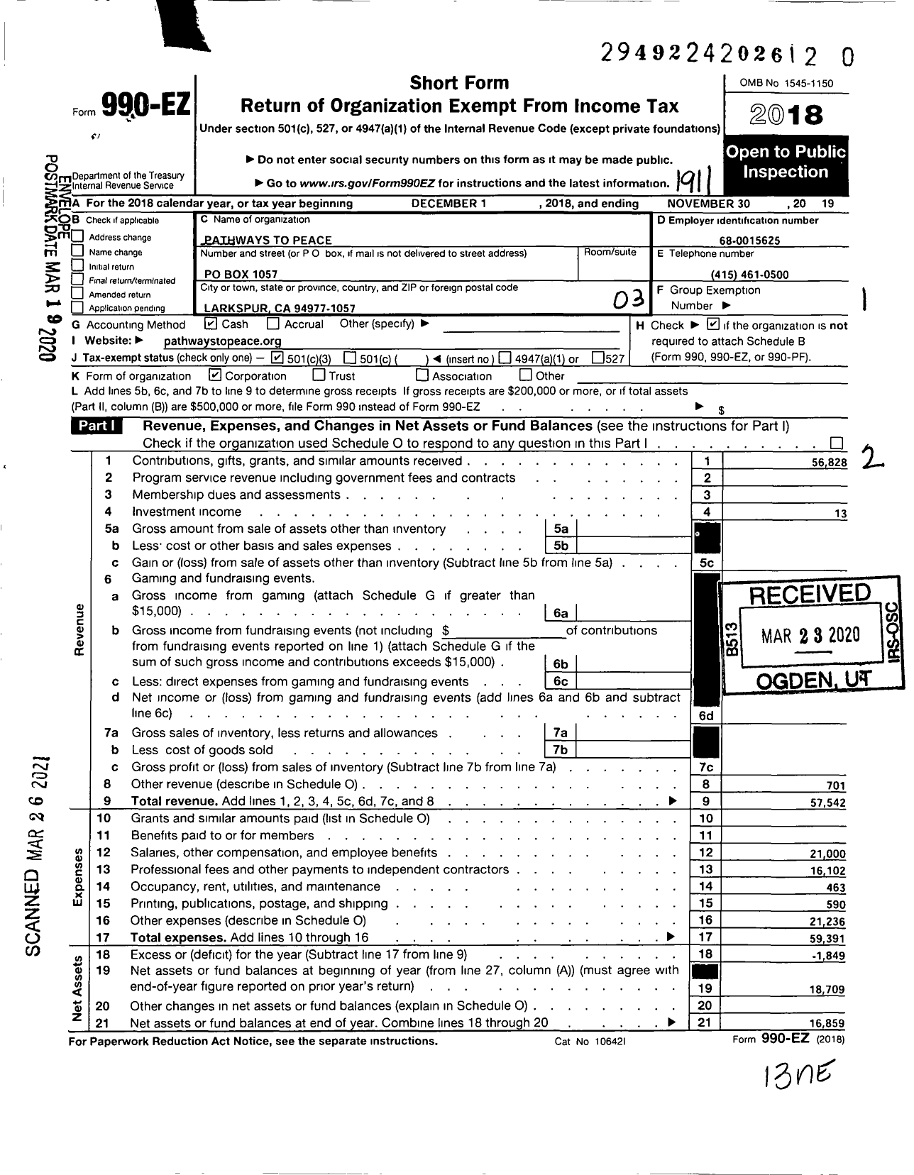 Image of first page of 2018 Form 990EZ for Pathways to Peace