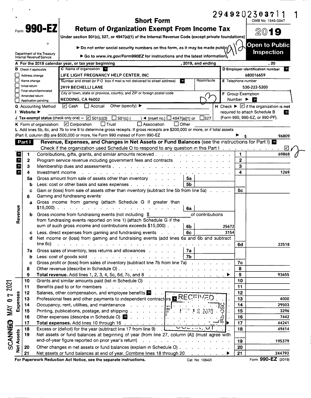 Image of first page of 2019 Form 990EZ for Life Light Pregnancy Help Center