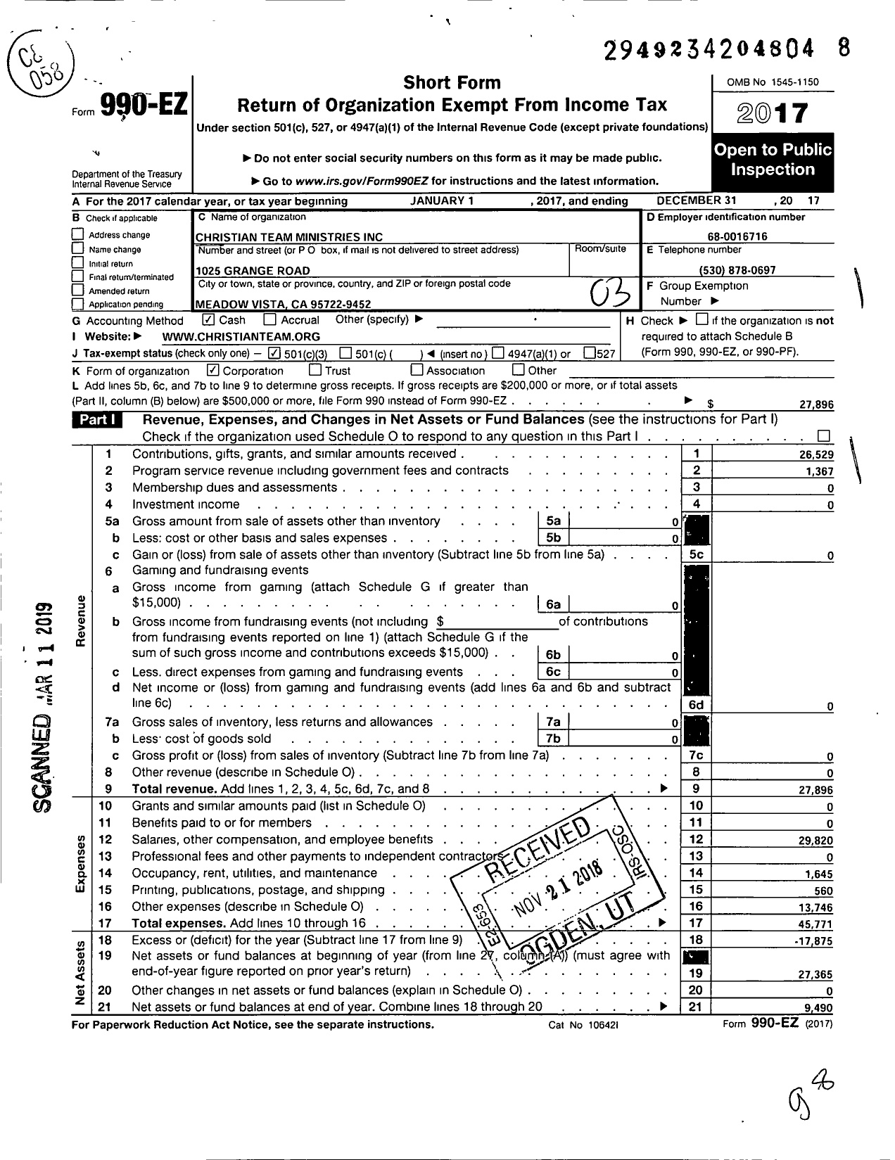 Image of first page of 2017 Form 990EZ for Christian Team Ministries