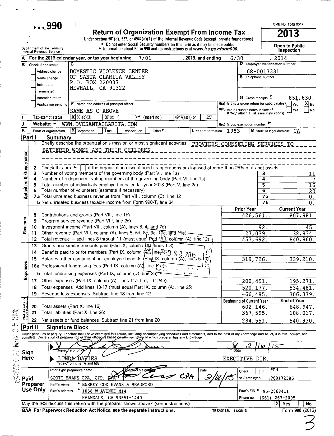 Image of first page of 2013 Form 990 for Domestic Violence Center of Santa Clarita Valley