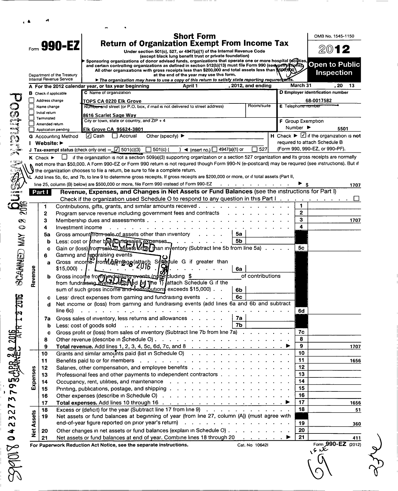 Image of first page of 2012 Form 990EZ for Tops Club - 0220 Tops Ca Elk Grove