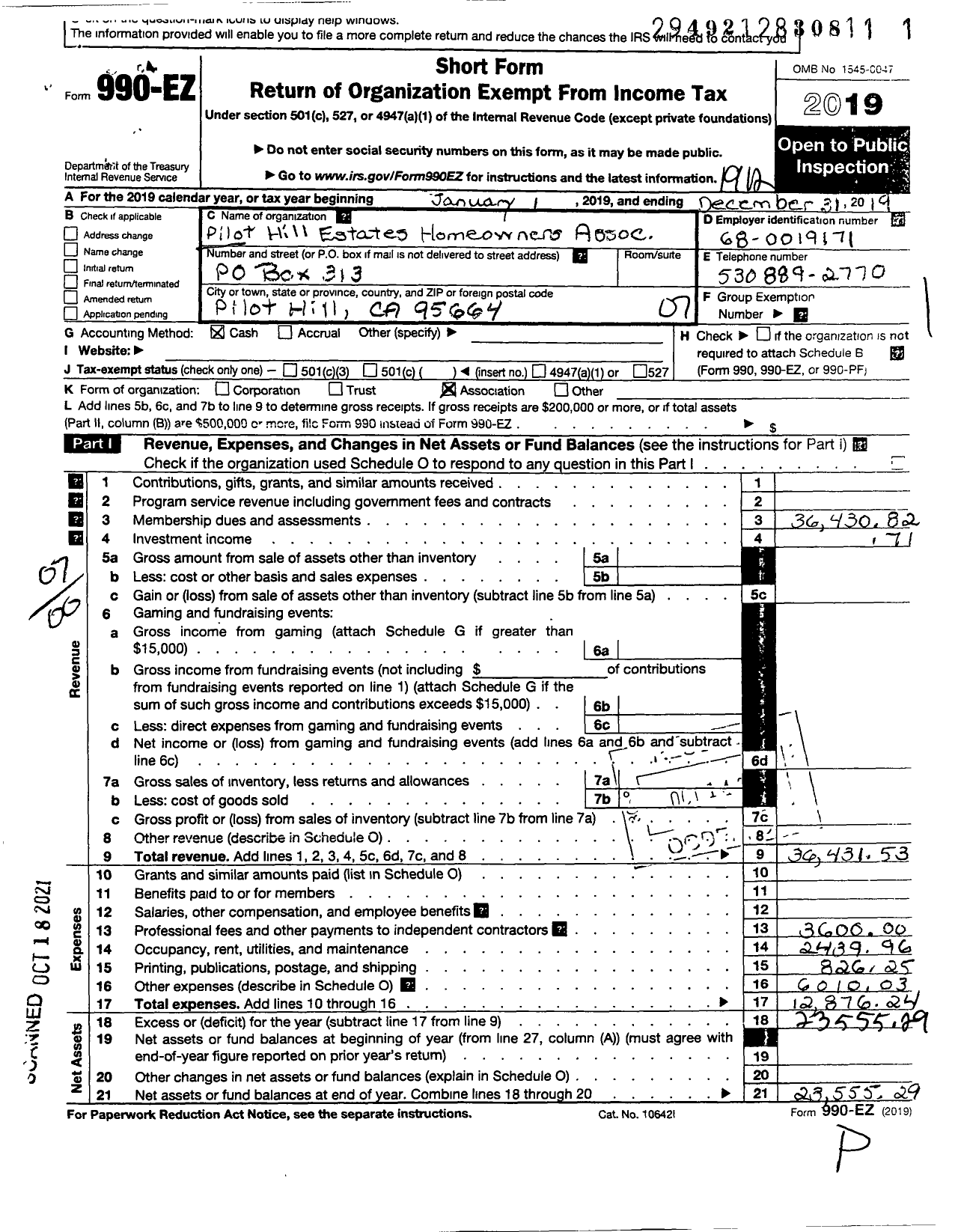 Image of first page of 2019 Form 990EO for Pilot Hill Estates Homeowners Association