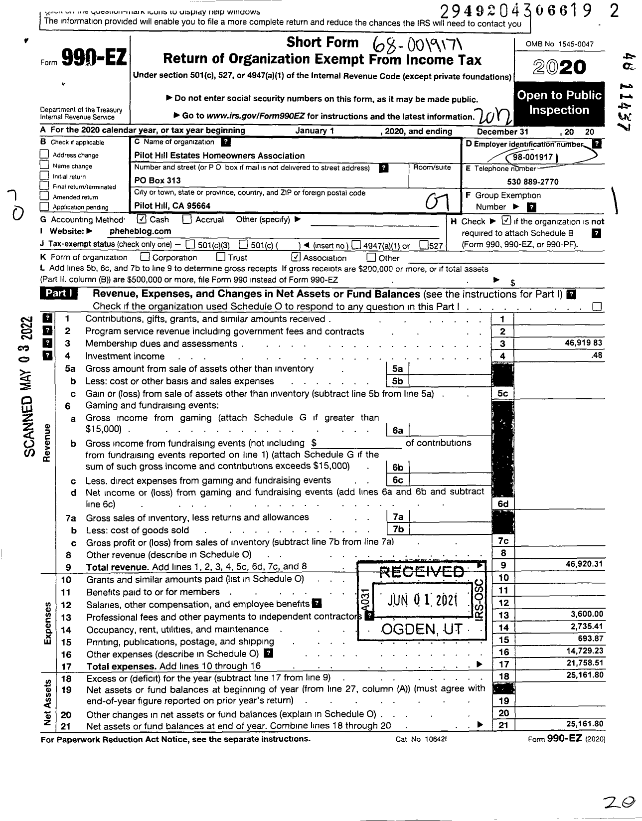 Image of first page of 2020 Form 990EO for Pilot Hill Estates Homeowners Association