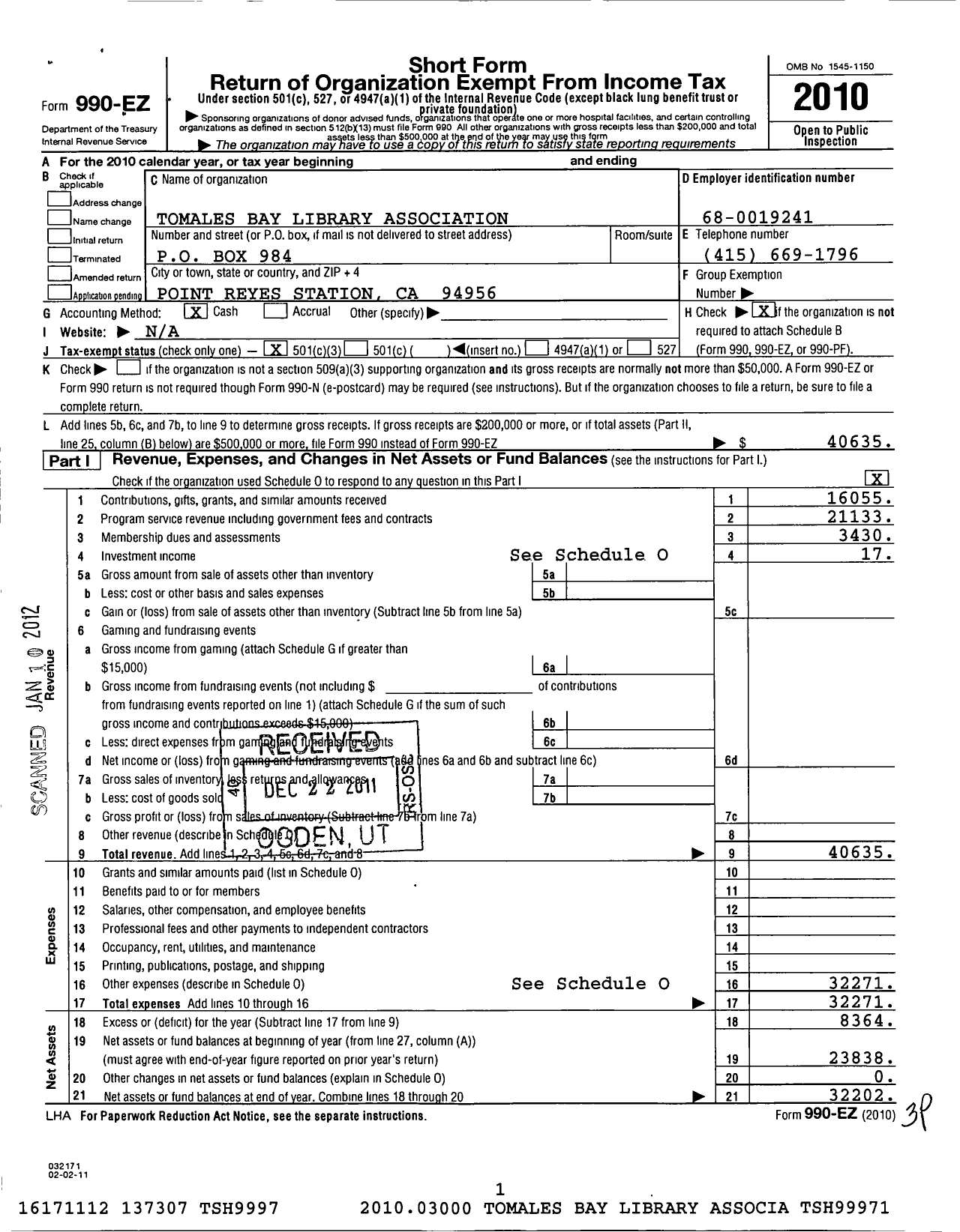 Image of first page of 2010 Form 990EZ for Tomales Bay Library Association