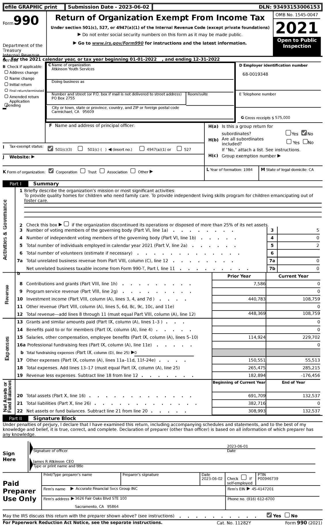 Image of first page of 2022 Form 990 for Atkinson Youth Services