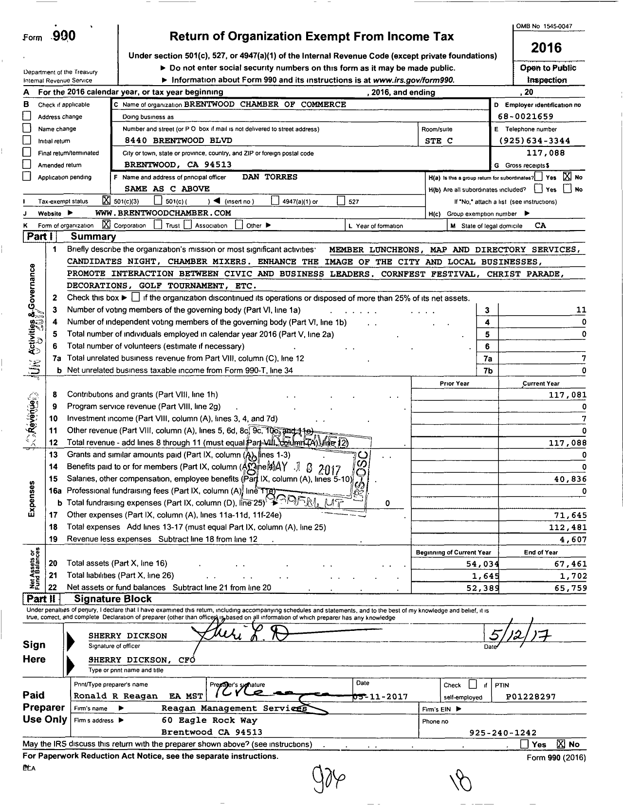 Image of first page of 2016 Form 990 for Brentwood Chamber of Commerce