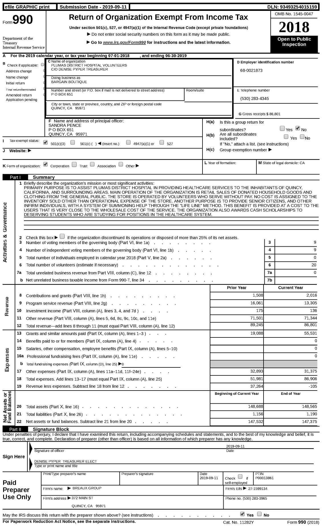 Image of first page of 2018 Form 990 for Bargain Boutique / Plumas District Hospital Volunteers