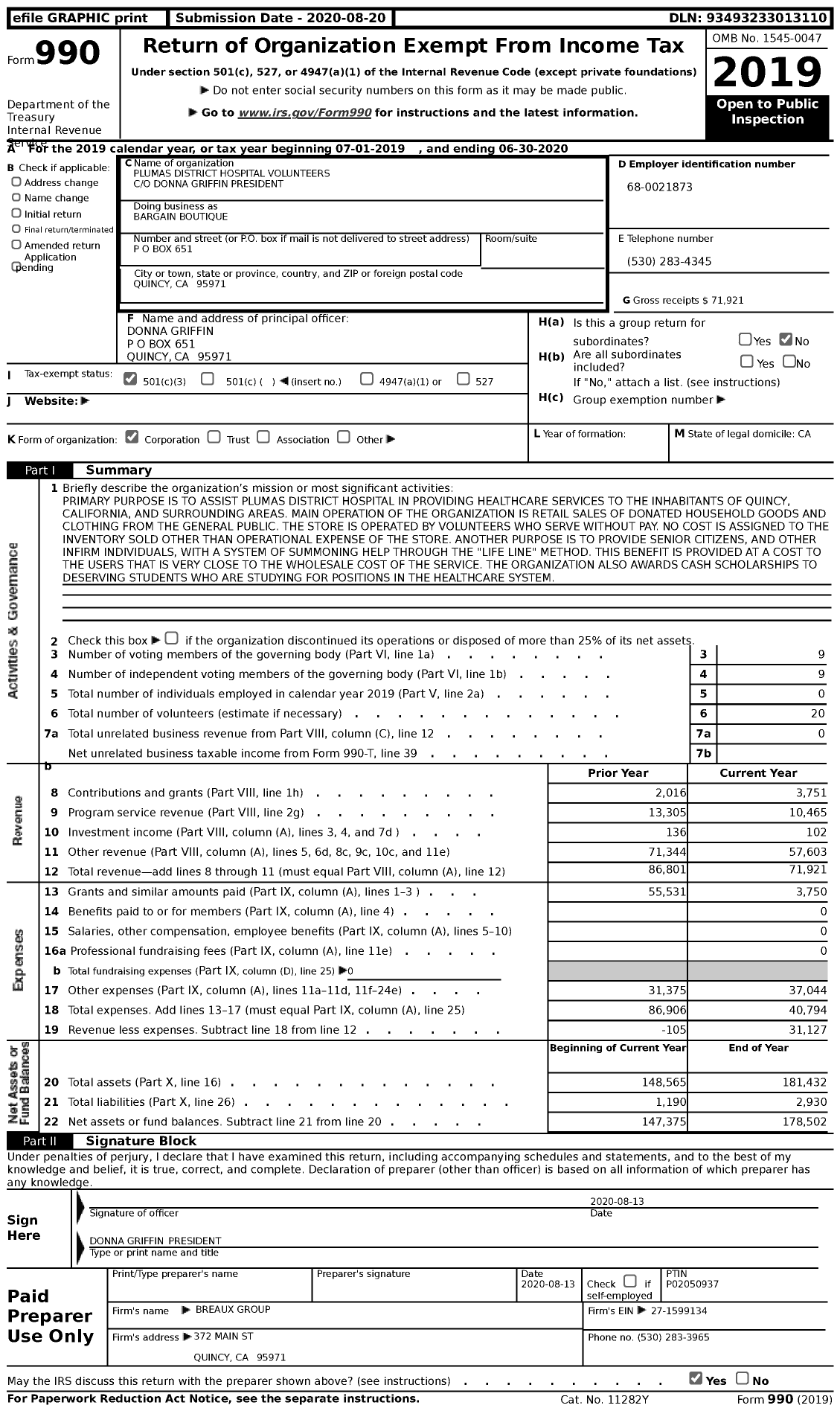 Image of first page of 2019 Form 990 for Bargain Boutique / Plumas District Hospital Volunteers