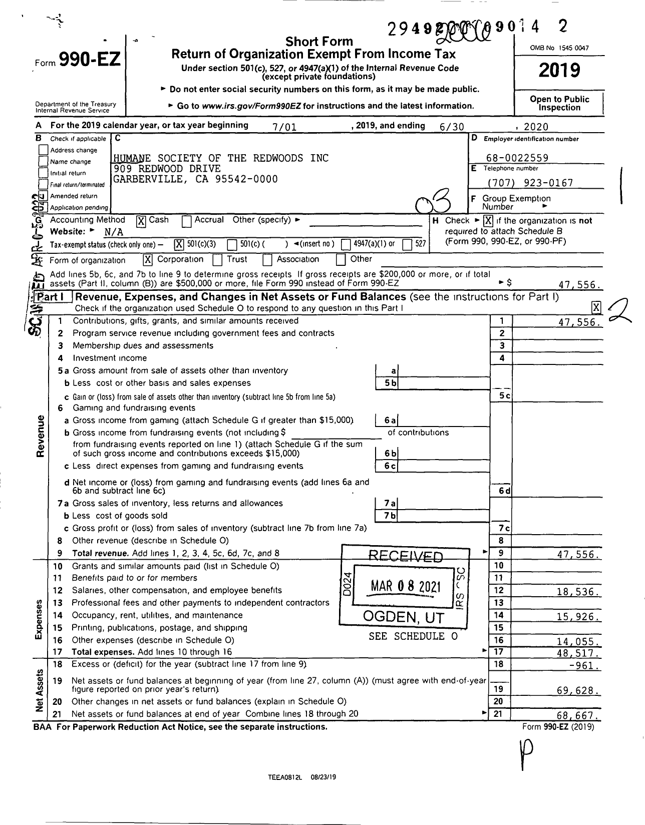 Image of first page of 2019 Form 990EZ for Humane Society of the Redwoods